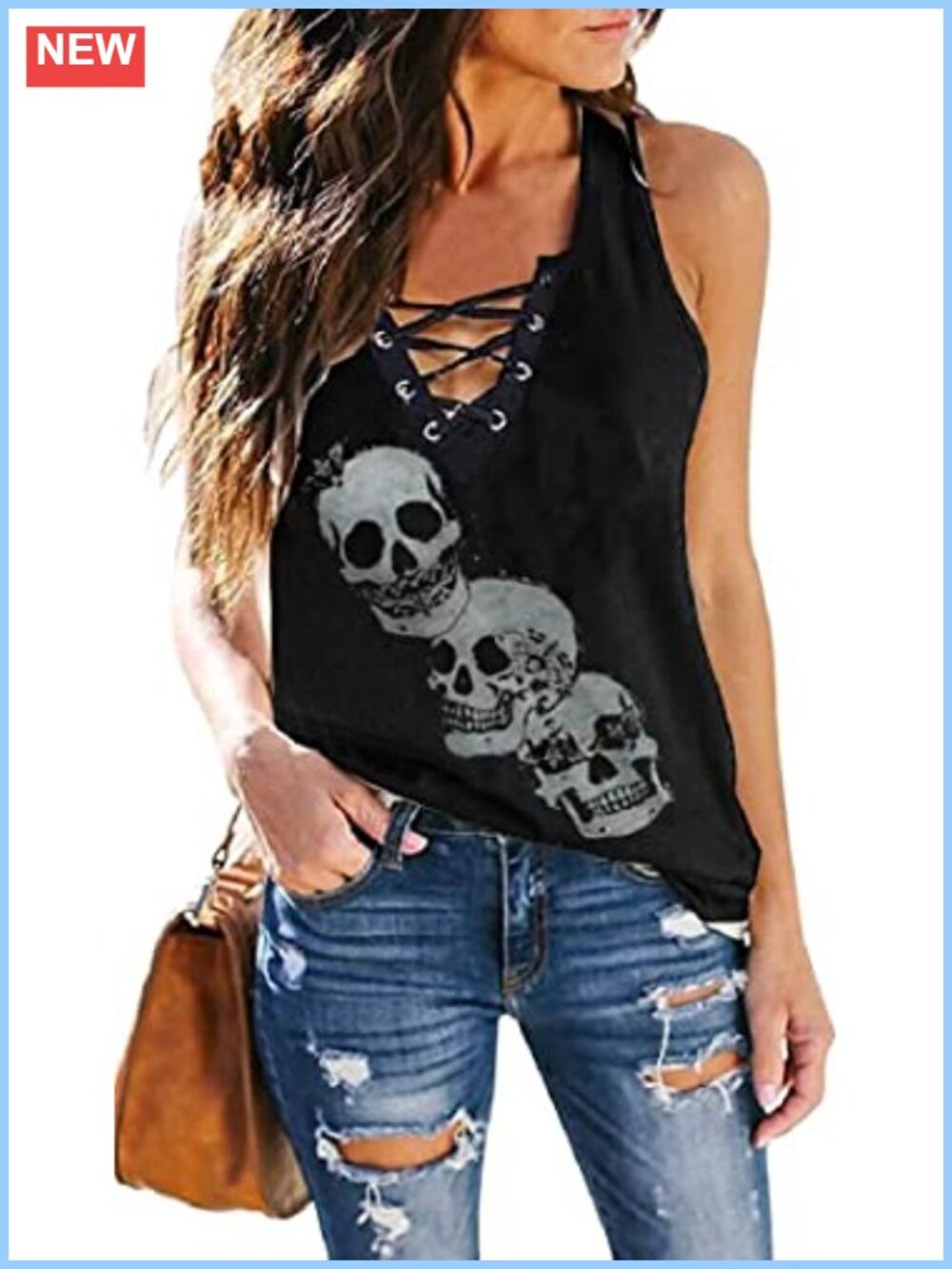 Fensajomon Skull Print V-Neck Sleeveless Tank Top Summer Workout